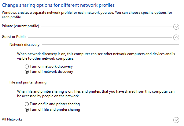 network sharing options in WIndows 10
